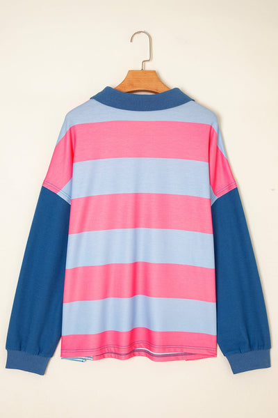Women's Plus Size Pastel Striped Quarter-Zip Colorblock Pullover