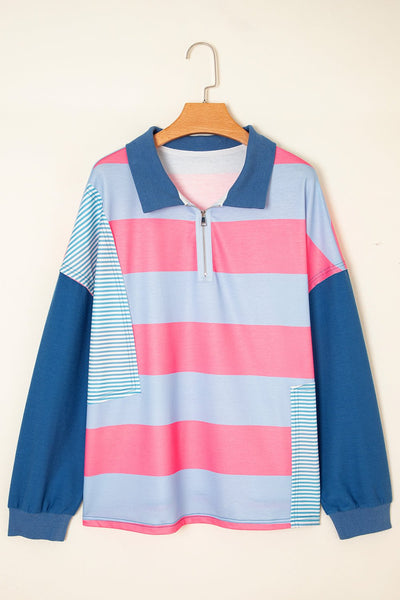 Women's Plus Size Pastel Striped Quarter-Zip Colorblock Pullover