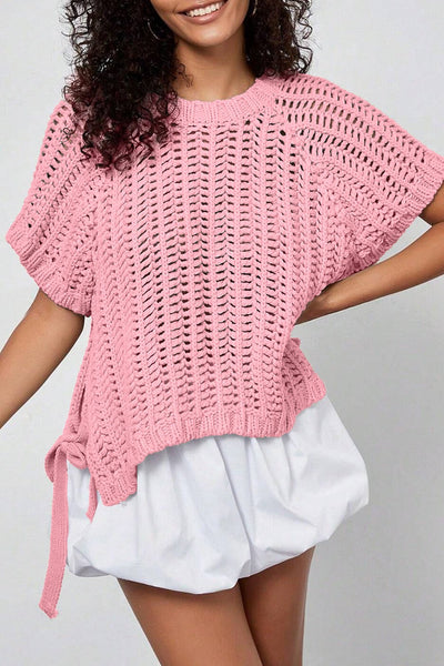 Women's Plus Size Pink Open Knit Short Sleeve Sweater with Ties