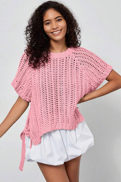 Women's Plus Size Pink Open Knit Short Sleeve Sweater with Ties