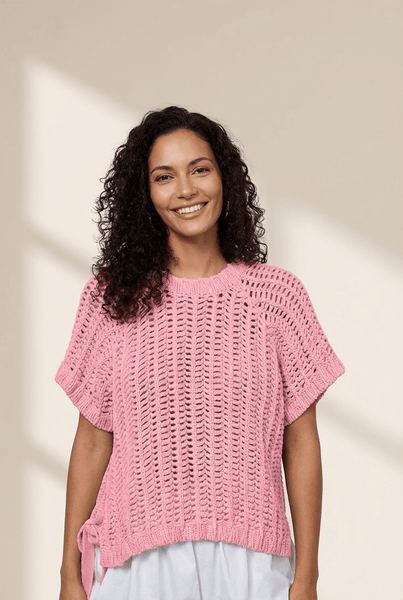 Women's Plus Size Pink Open Knit Short Sleeve Sweater with Ties
