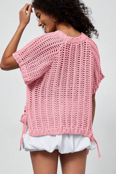 Women's Plus Size Pink Open Knit Short Sleeve Sweater with Ties