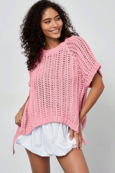 Women's Plus Size Pink Open Knit Short Sleeve Sweater with Ties