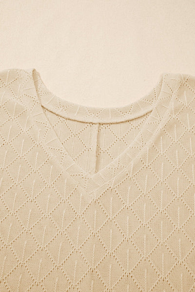 Women's Plus Size V-Neck Pointelle Knit Top in Golden Rhombus Design
