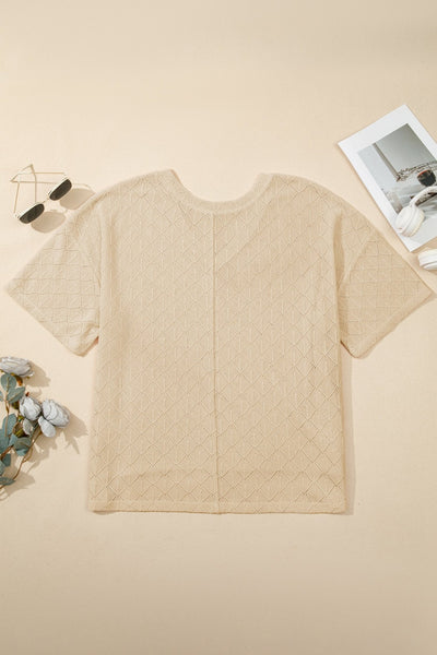 Women's Plus Size V-Neck Pointelle Knit Top in Golden Rhombus Design