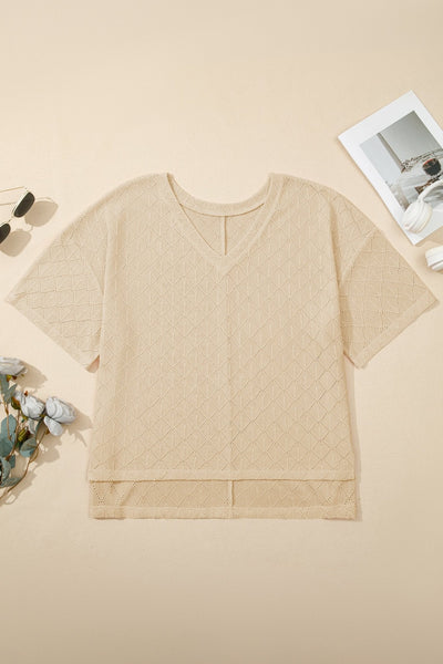 Women's Plus Size V-Neck Pointelle Knit Top in Golden Rhombus Design