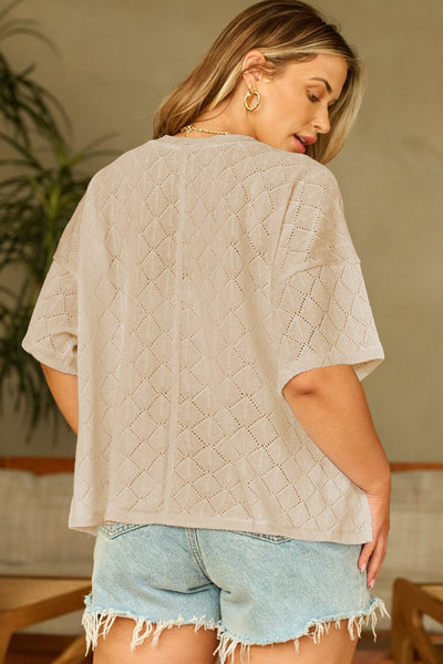 Women's Plus Size V-Neck Pointelle Knit Top in Golden Rhombus Design