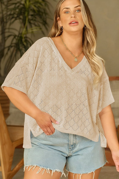 Women's Plus Size V-Neck Pointelle Knit Top in Golden Rhombus Design