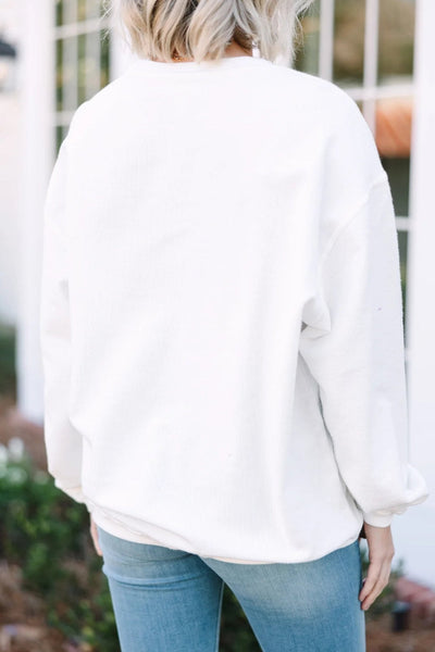 Women's Plus Size White Ribbed Heart Embroidered Sweatshirt