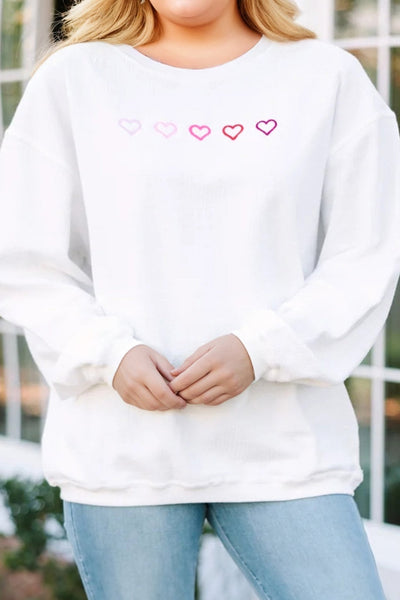 Women's Plus Size White Ribbed Heart Embroidered Sweatshirt