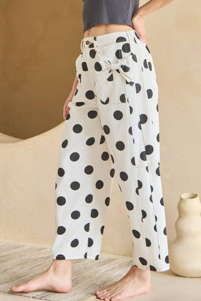 Women's Polka Dot High-Waist Denim Pants with Bow Detail