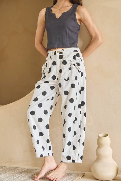 Women's Polka Dot High-Waist Denim Pants with Bow Detail