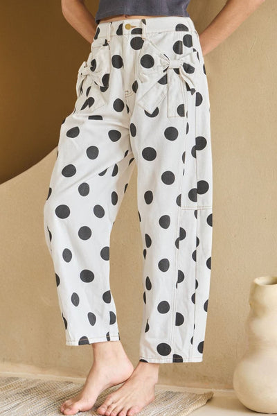 Women's Polka Dot High-Waist Denim Pants with Bow Detail