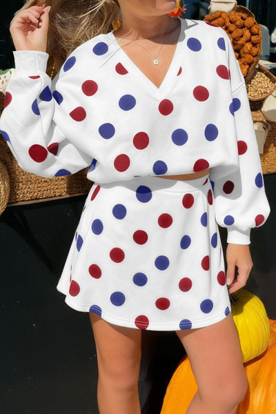 Women's Polka Dot V-Neck Pullover and A-Line Mini Skirt Set