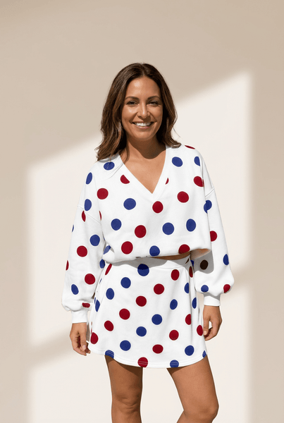 Women's Polka Dot V-Neck Pullover and A-Line Mini Skirt Set