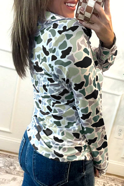 Women's Quarter-Zip Camo Pullover with Kangaroo Pocket