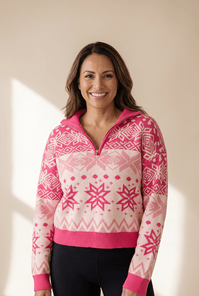 Women's Quarter-Zip Rose Pink Snowflake Fair Isle Sweater