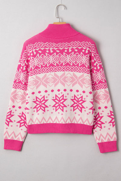 Women's Quarter-Zip Rose Pink Snowflake Fair Isle Sweater