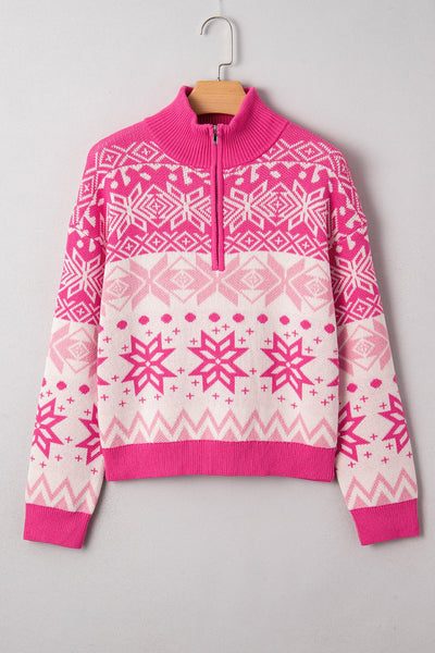 Women's Quarter-Zip Rose Pink Snowflake Fair Isle Sweater