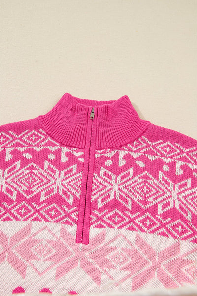 Women's Quarter-Zip Rose Pink Snowflake Fair Isle Sweater