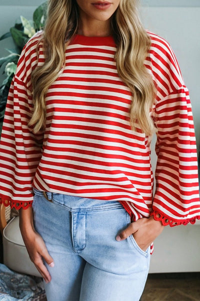 Women's Racing Red Cotton Stripe Top with Eyelet Lace Trim