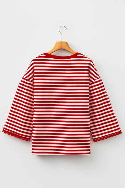 Women's Racing Red Cotton Stripe Top with Eyelet Lace Trim