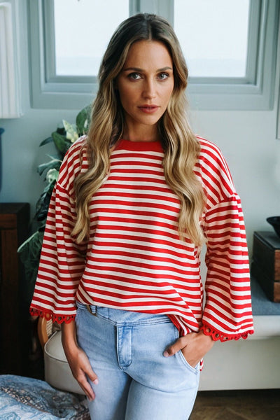 Women's Racing Red Cotton Stripe Top with Eyelet Lace Trim