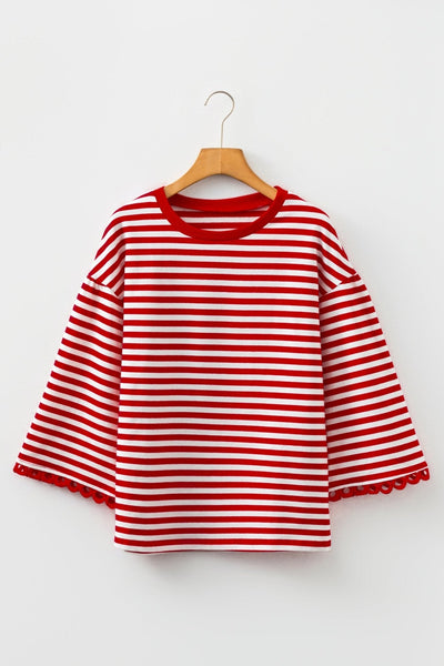 Women's Racing Red Cotton Stripe Top with Eyelet Lace Trim