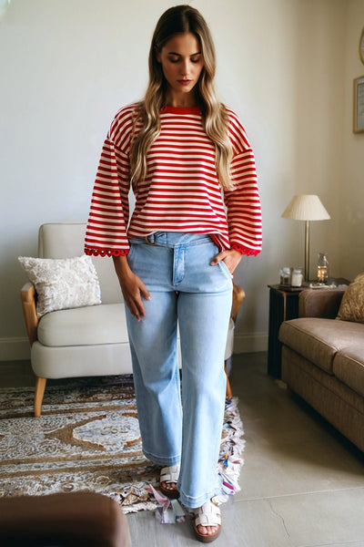 Women's Racing Red Cotton Stripe Top with Eyelet Lace Trim