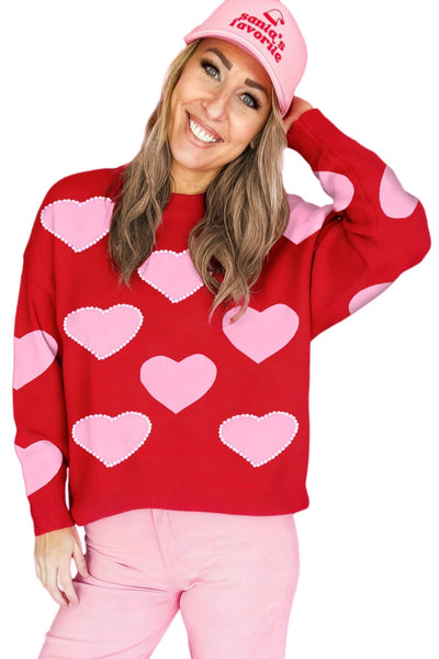 Women's Racing Red Heart and Pearl Embellished Festive Sweater with practical styling and dependable silhouette control.