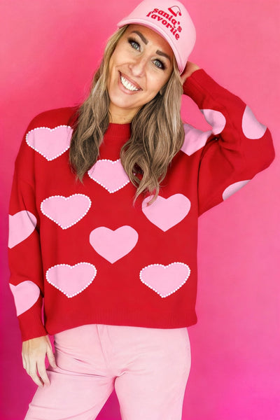 Women's Racing Red Heart and Pearl Embellished Festive Sweater with practical styling and dependable silhouette control.