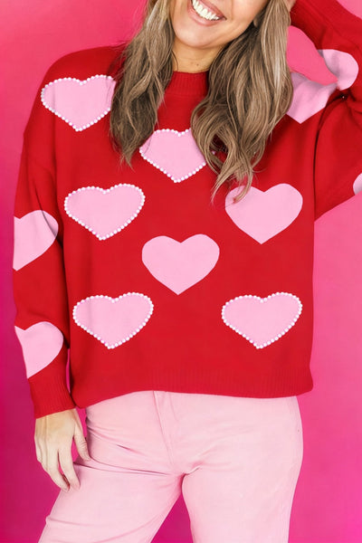 Women's Racing Red Heart and Pearl Embellished Festive Sweater with practical styling and dependable silhouette control.