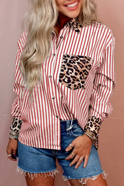 Women's Racing Red Leopard Print Striped Button-Up Blouse
