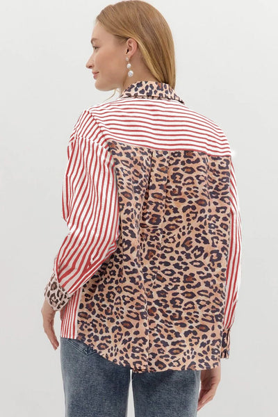 Women's Racing Red Leopard Print Striped Button-Up Blouse