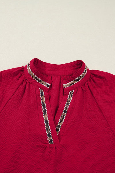 Women's Racing Red Leopard Trim V-Neck Blouse in Textured Crepe
