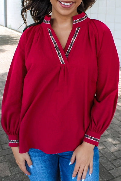 Women's Racing Red Leopard Trim V-Neck Blouse in Textured Crepe