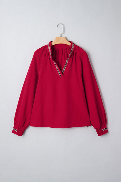 Women's Racing Red Leopard Trim V-Neck Blouse in Textured Crepe