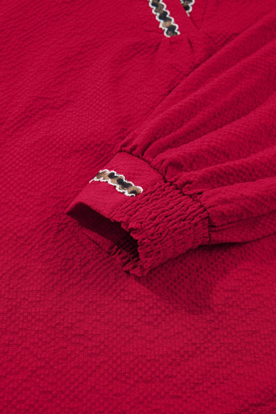 Women's Racing Red Leopard Trim V-Neck Blouse in Textured Crepe
