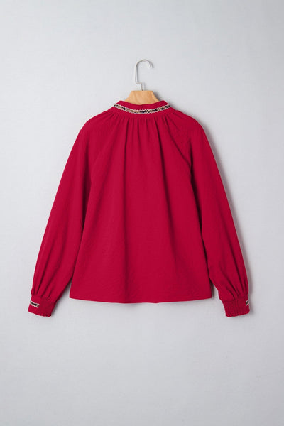 Women's Racing Red Leopard Trim V-Neck Blouse in Textured Crepe