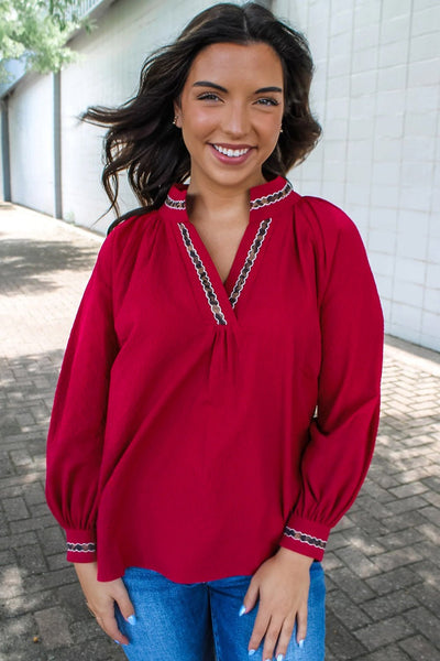 Women's Racing Red Leopard Trim V-Neck Blouse in Textured Crepe