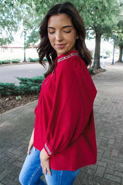Women's Racing Red Leopard Trim V-Neck Blouse in Textured Crepe