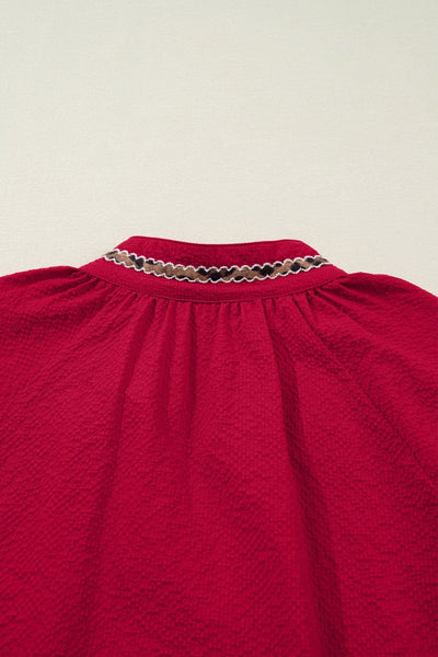 Women's Racing Red Leopard Trim V-Neck Blouse in Textured Crepe