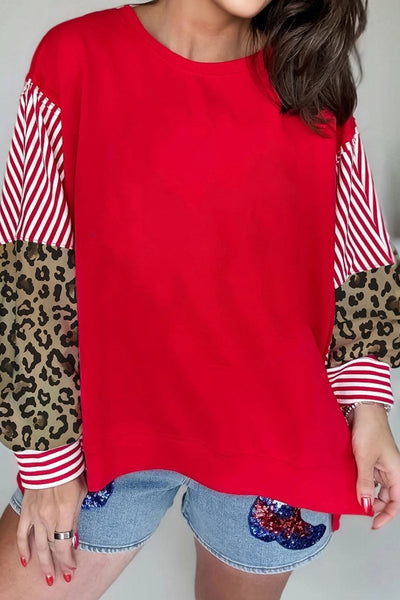 Women's Racing Red Mixed-Print Sweatshirt with Leopard and Stripes