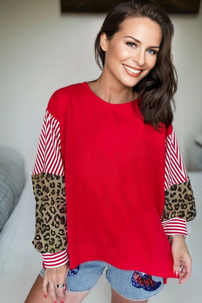 Women's Racing Red Mixed-Print Sweatshirt with Leopard and Stripes
