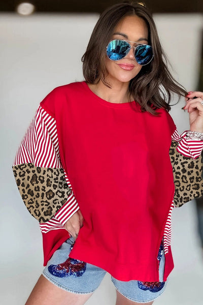 Women's Racing Red Mixed-Print Sweatshirt with Leopard and Stripes