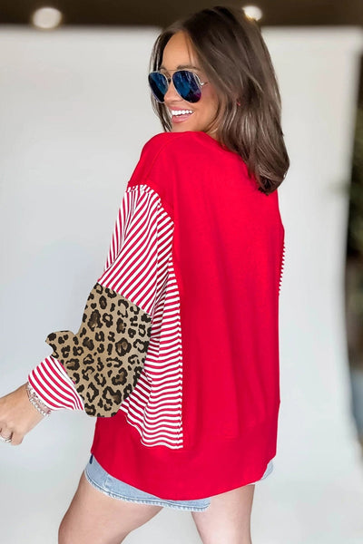 Women's Racing Red Mixed-Print Sweatshirt with Leopard and Stripes