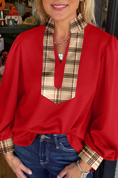 Women's Racing Red Plaid V-Neck Blouse with Lantern Sleeves
