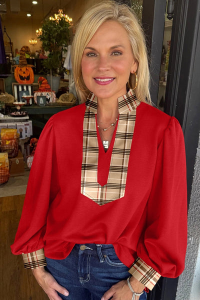 Women's Racing Red Plaid V-Neck Blouse with Lantern Sleeves