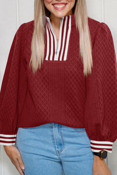 Women's Racing Red Rhombus Textured Zip-Neck Pullover
