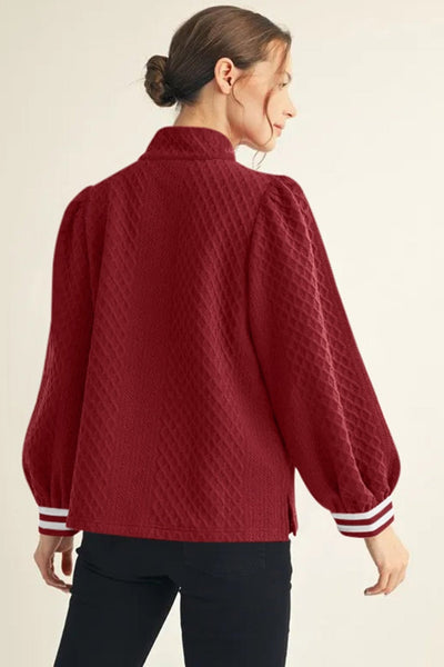 Women's Racing Red Rhombus Textured Zip-Neck Pullover